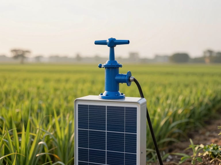 Close-up of a solar-powered water pump in a lush green agricultural field in Maharashtra, bright morning sunlight, wide-angle lens, high detail