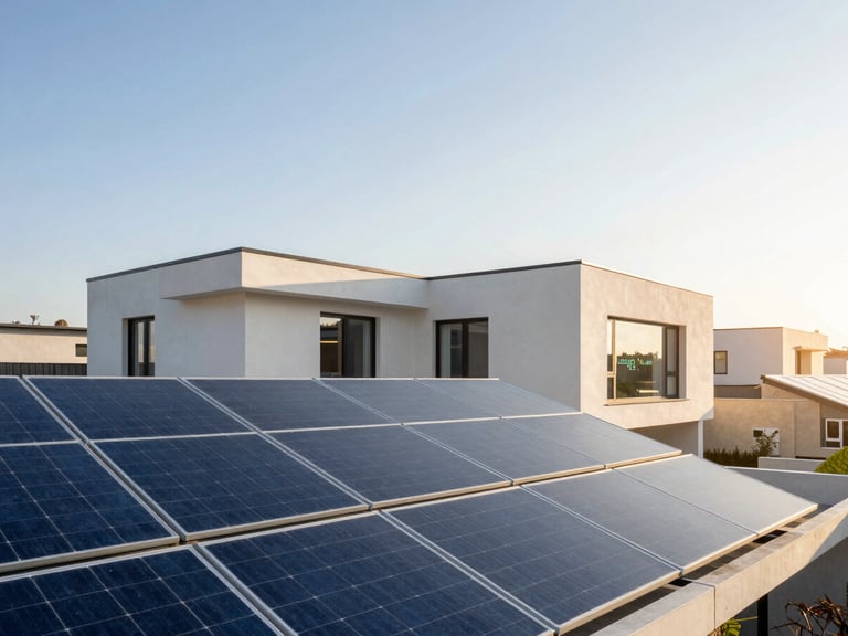 Architectural shot of a modern home with solar panels, a digital display showing net metering data, bright morning light, clean lines.
