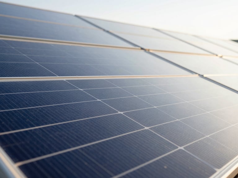 Macro shot of a high-efficiency monocrystalline solar panel surface, reflecting a clear sky, crisp details, bright sunlight.