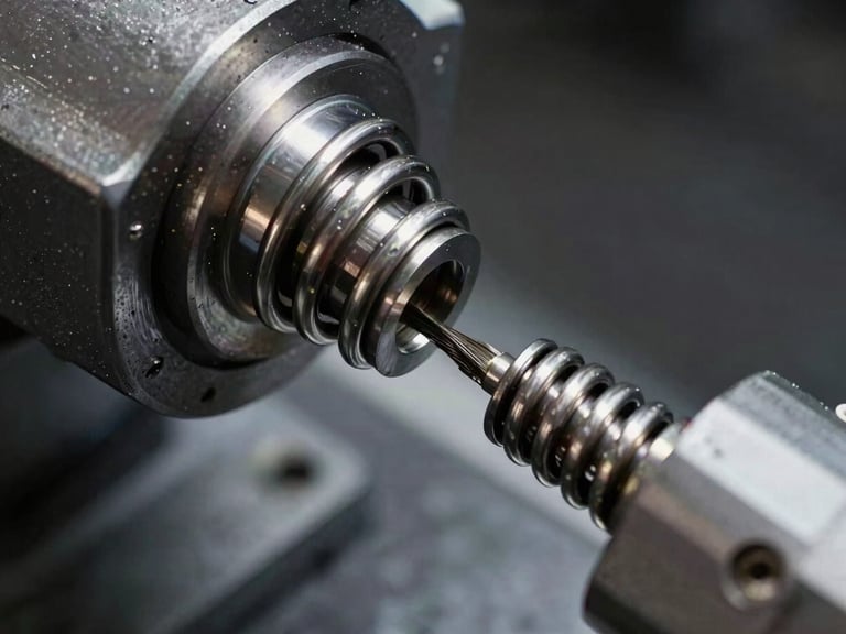 Extreme close-up macro shot of heavy-duty steel compression spring ends being precision ground on an automated CNC grinding wheel, high-contrast industrial lighting, metallic sheen, dark background.