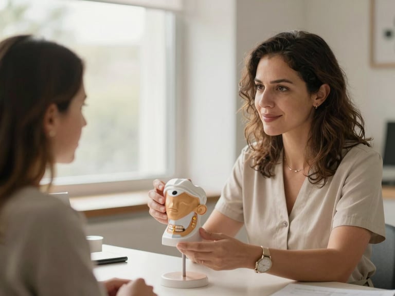 A warm-toned, professional consultation setting with Dra. Daniela explaining a digital model to a patient, soft natural window light, reassuring atmosphere.