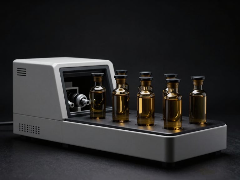 Wide panoramic laboratory scene, modern chromatography equipment, dark glass vials with sharp gold reflections, deep shadows, precise clinical atmosphere.