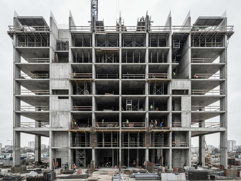 Sharp straight-on architectural photograph of a modern concrete building structure under construction, natural high-contrast daylight, overcast sky, structural engineering precision.