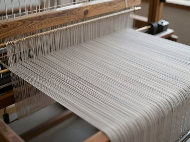 Close-up of a heavy industrial weaving loom in motion, warp and weft threads tensioned, soft morning light, highly tactile texture.