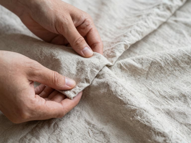 Hands gently feeling the drape of a finished linen garment, soft diffused natural daylight, high detail fabric texture, neutral palette.