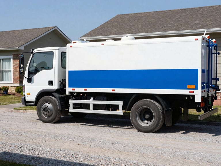 crisp documentary photography, bright outdoor daylight, high contrast, industrial utility focus, sharp focus, 35mm lens. Wide shot of a blue and white propane delivery truck parked on a gravel driveway next to a residential bulk tank.