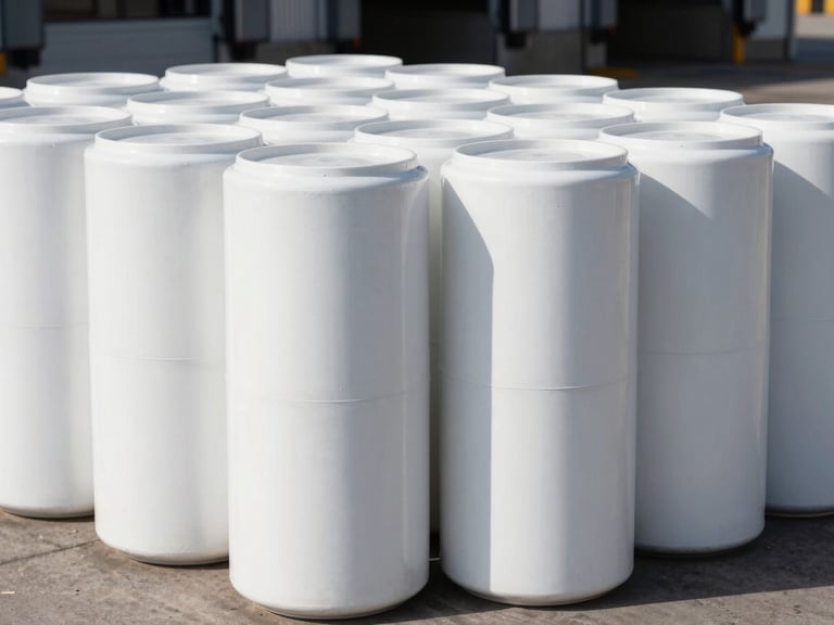 crisp documentary photography, bright outdoor daylight, high contrast, industrial utility focus, sharp focus, 35mm lens. Neatly lined up white commercial cylinders on an industrial loading dock under harsh sunlight.
