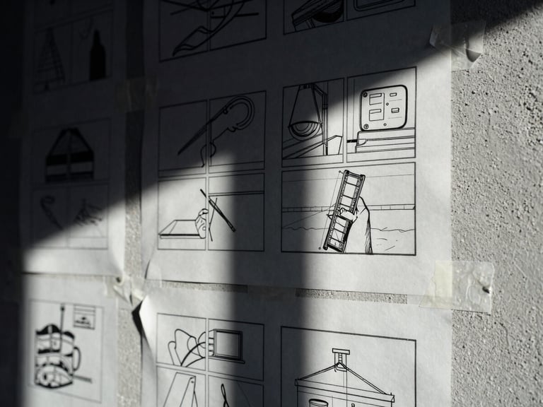 Extreme close-up of a high-contrast 35mm film shot of raw storyboards taped to a concrete wall, hard shadows, dramatic studio lighting