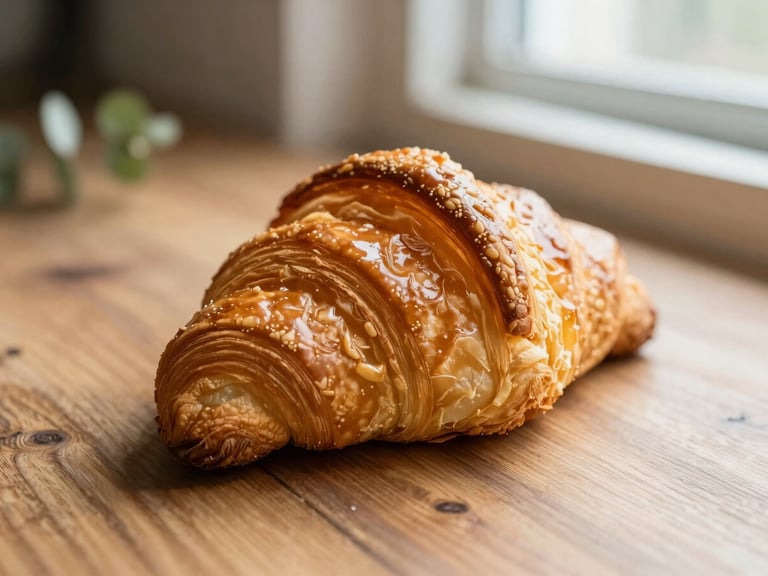 Close-up of golden-brown pastry layers of a freshly baked croissant on a rustic wooden table, soft morning window light casting gentle shadows, warm editorial food photography, 35mm