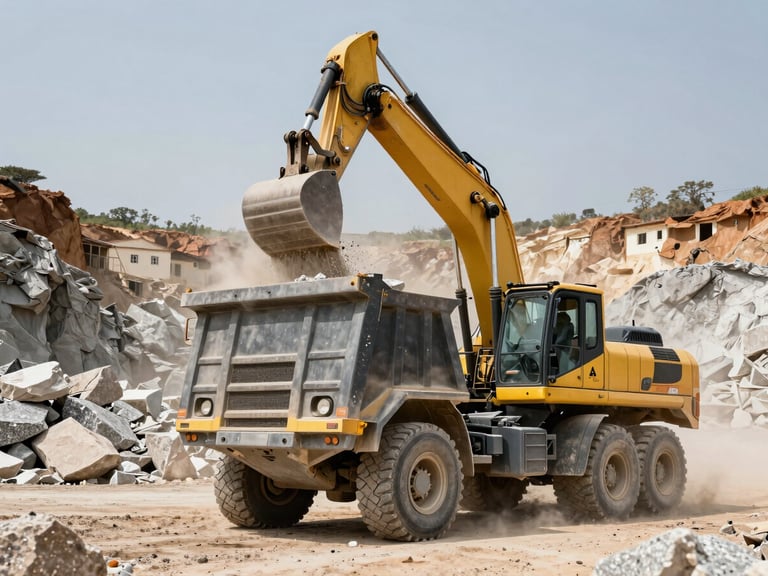 Low-angle heroic shot of a heavy excavator loading raw granite into a branded M'Rabots dump truck inside a dusty West African quarry, harsh natural daylight highlighting dust and steel.