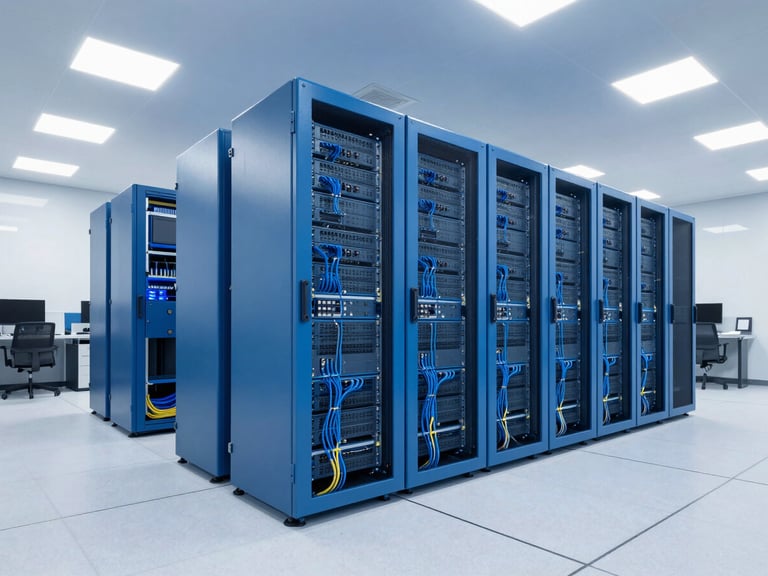 Wide-angle architectural view of a pristine corporate data center with blue server racks and clean cable management, cool technical lighting.