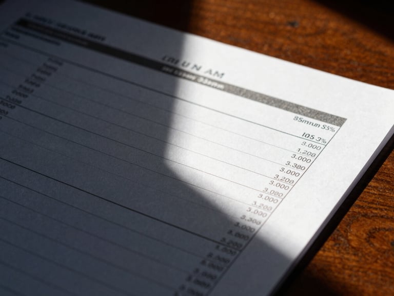 Close-up of financial documents on a mahogany table, dramatic shadow, high-contrast light, 35mm