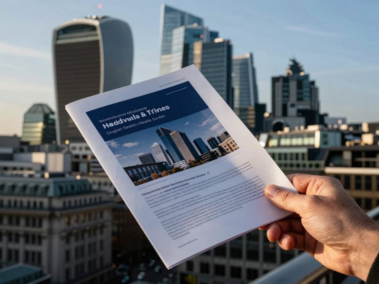 Close-up of a hand holding a crisp, high-end financial report with blurred City of London skyline in background, high-contrast lighting.