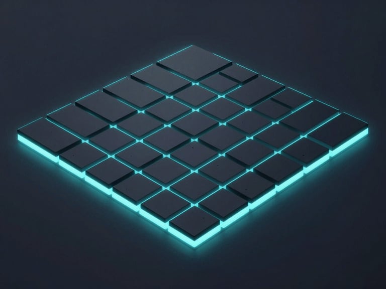 Sleek dark-mode 3D render of a glowing digital grid with neon cyan edge-lights, deep slate background, ultra-sharp focus, high-fidelity tech aesthetic.