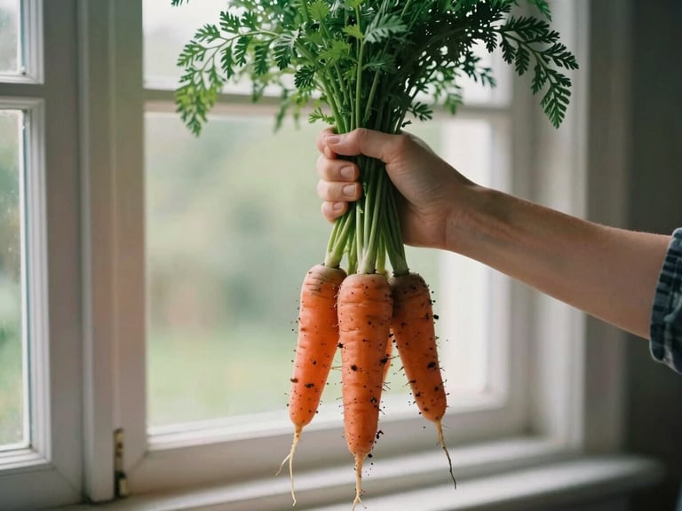 Hands holding a freshly harvested bunch of heirloom carrots with soil still clinging to the roots, warm morning window light, rich forest green tones, shallow depth of field, 35mm look.