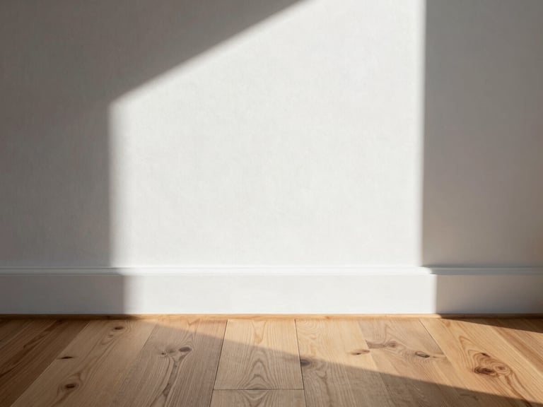 Sharp architectural photography of a modern minimalist interior, straight-on view of crisp baseboard and flush hardwood flooring transition, high-contrast natural light, 35mm