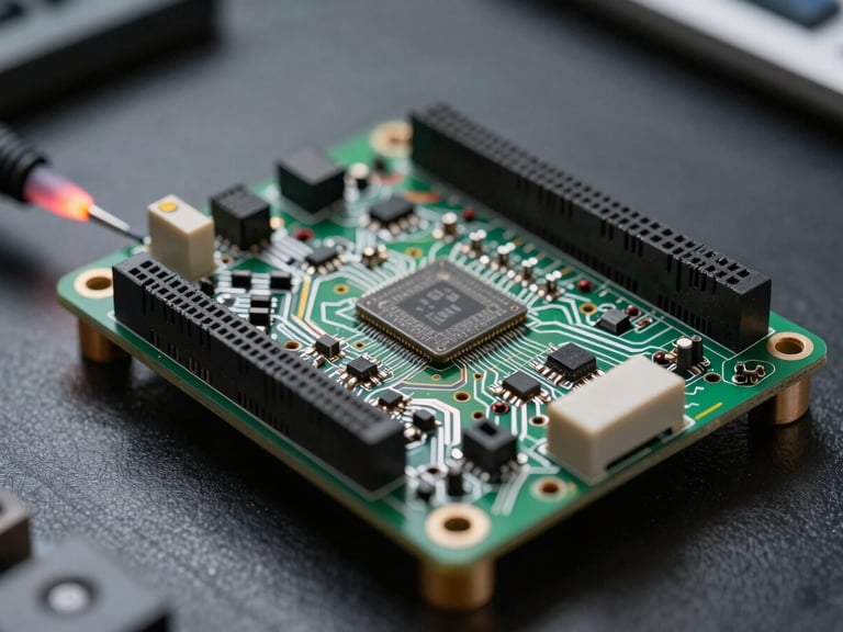 Close-up macro photograph of an FPGA development board mounted in a PCB test rig under task lighting, pin headers and signal traces sharply in focus, thermal measurement probe visible in the left frame edge, dark workbench background