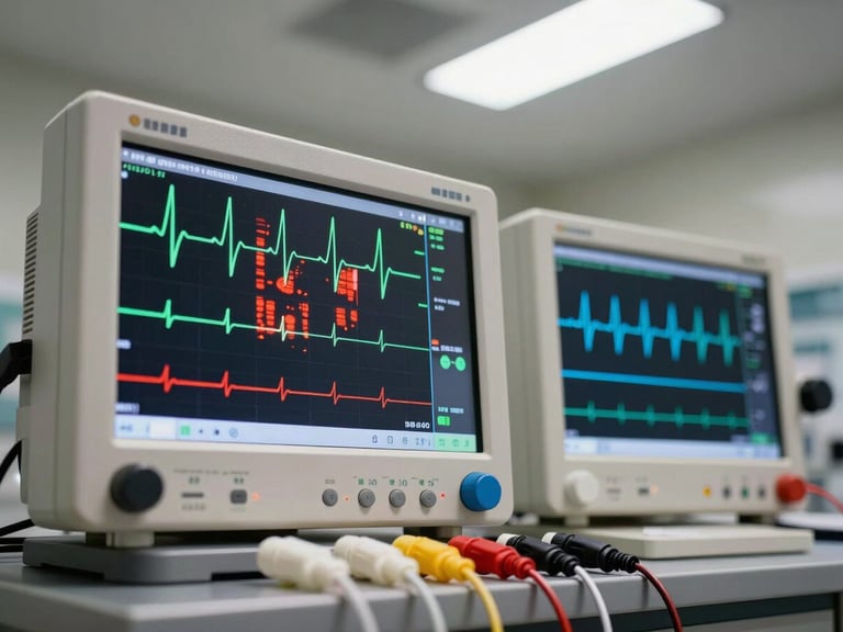 Close-up of ECG waveform on a medical-grade test monitor in a clinical lab environment, signal trace showing artifact interference on one channel and clean output on an adjacent channel, overhead fluorescent lighting, test leads and electrode connectors in foreground