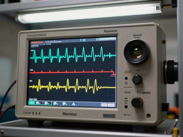 Close-up of an oscilloscope screen in a vehicle test rig showing two overlaid waveform traces — one noisy accelerometer signal, one cleaned output — under harsh overhead fluorescent lighting, automotive PCB connectors visible at frame edge