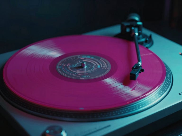 Close-up of a vibrant translucent magenta vinyl record spinning on a turntable, dramatic neon cyan backlighting, dark moody background