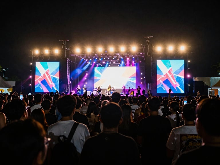 Vibrant neon stage lighting casting deep shadows over a crowded local music festival in Jakarta, wide concert shot, 35mm lens