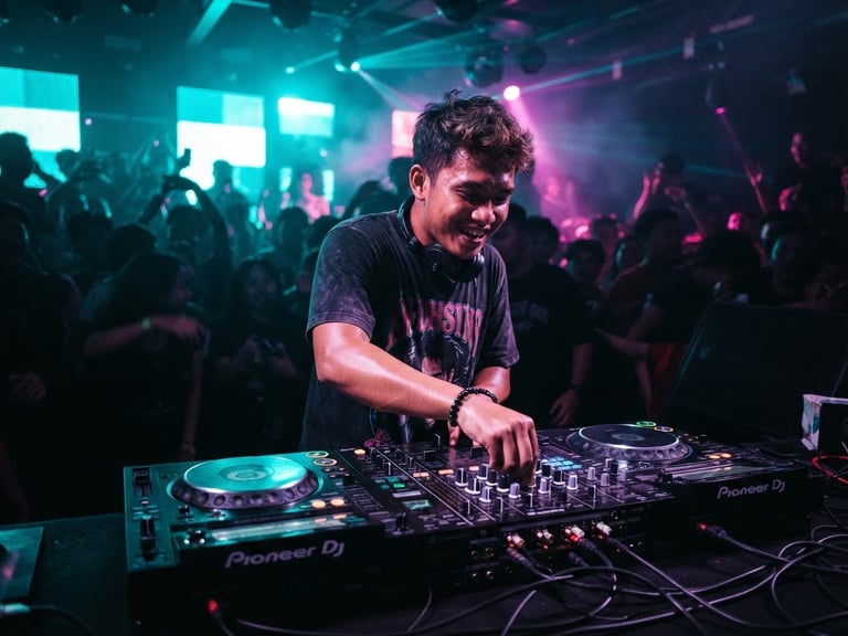 Moody dark-mode music photography of a dynamic Indonesian DJ performing in a neon cyan and magenta backlit club, 35mm lens