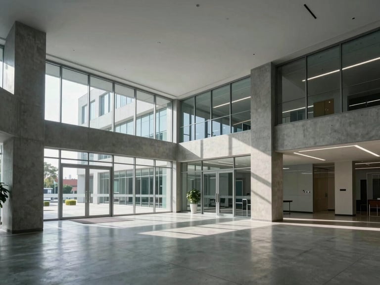 Wide-angle architectural photograph of a modern, clinical office lobby with clean concrete columns, glass partitions, and sharp geometric shadows under cool overcast daylight.