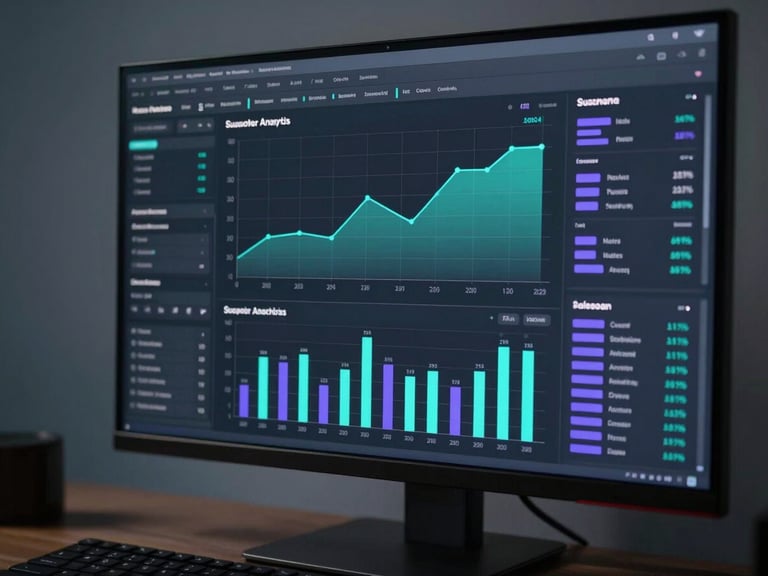 Close-up of a widescreen monitor displaying a creator analytics dashboard — subscriber growth curves, revenue bars, and session metrics in teal and purple on a dark interface, cool studio lighting from the left, keyboard partially visible in the foreground