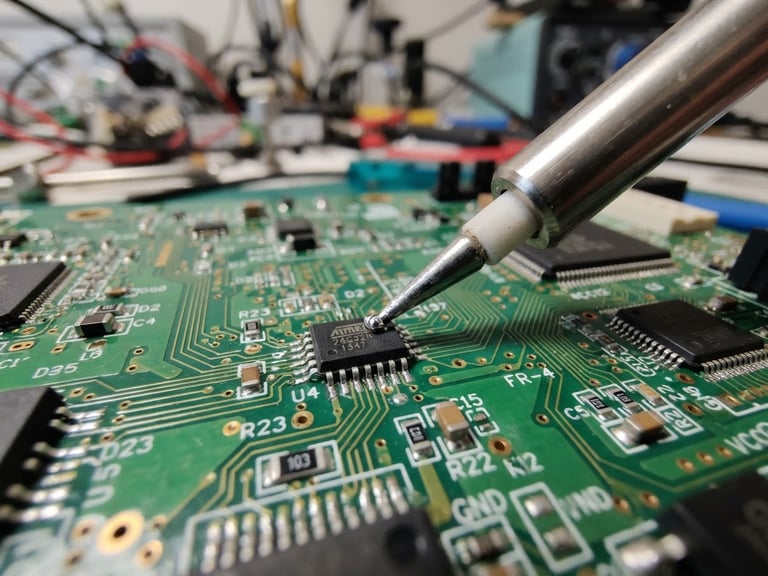 Macro shot of a high-precision soldering iron touching a micro-chip on a green motherboard, sharp focus, clean workshop natural daylight