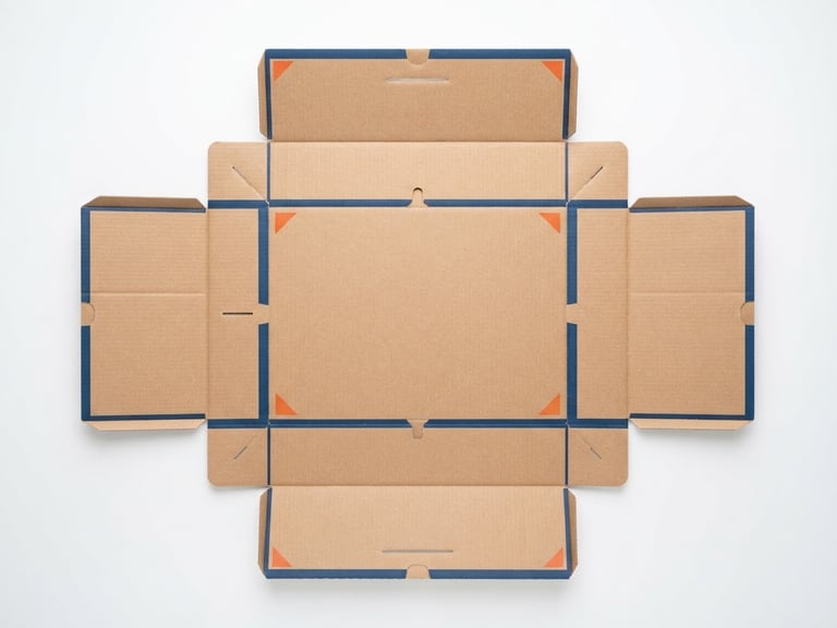 Crisp product photography of flat-laid, unassembled double-wall corrugated boxes, bright high-key studio lighting, clean white background, sharp geometric angles, 50mm lens.