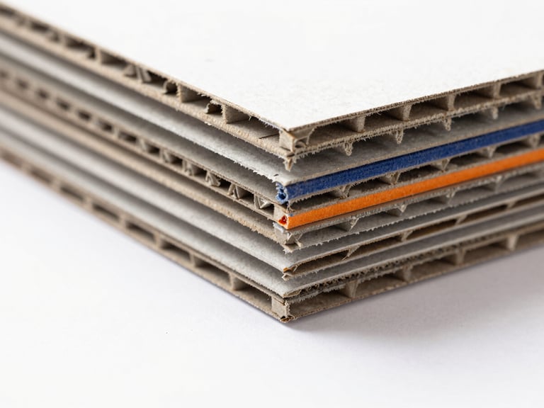 Macro shot of corrugated board edge showing structural fluting layers, high-key studio lighting, clean white background, 50mm lens