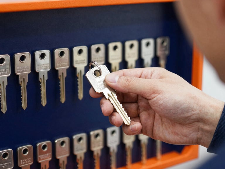 Tight focus on a commercial master key system being tested by a technician, high-contrast lighting, crisp commercial photography