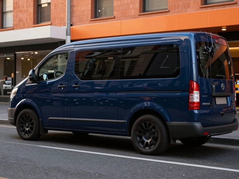 Wide environmental shot of a branded navy van parked on a recognizable Melbourne street, technician programming a car key, warm street lighting