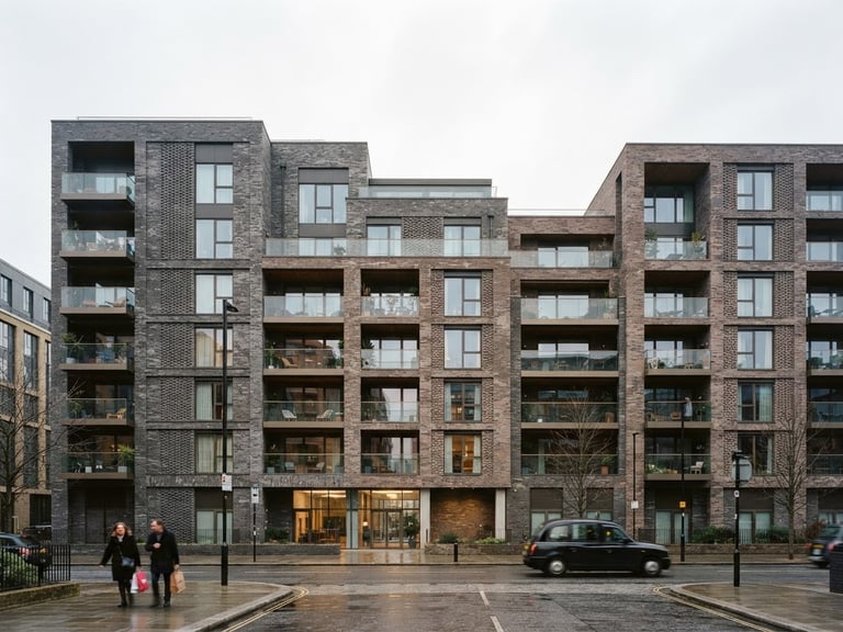 Wide architectural exterior shot of a modern London residential brick building, crisp overcast daylight, desaturated cool tones with subtle warm highlights, sharp focus, 35mm photography.