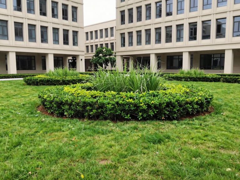 Wide shot of a manicured corporate campus lawn with sculpted hedges and healthy ornamental grasses under bright daylight, clean architectural lines