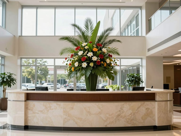 A bright corporate lobby with a large architectural floral arrangement on the main reception desk, natural window light