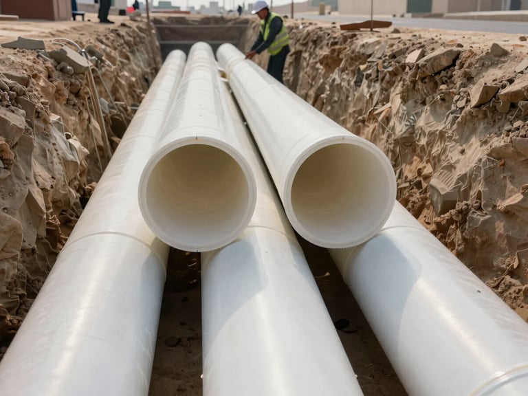 Close-up of high-density polyethylene stormwater pipes being laid in a deep, shored trench under the supervision of an engineer in Abu Dhabi, high-contrast morning light.