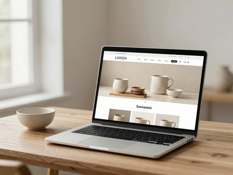 Wide environmental shot of a laptop displaying a clean, minimal e-commerce website for a ceramics brand — warm stone-colored product pages visible on screen, the laptop sitting on a light oak desk with a single ceramic bowl beside it, diffused natural window light from the left, no clutter