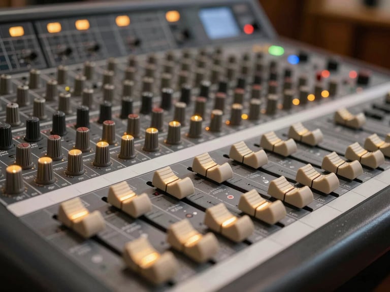 Close-up of a premium professional audio mixing console in a modern church, warm golden LED lights reflecting on faders, shallow depth of field.