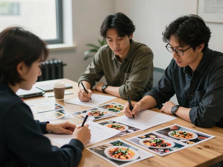 Wide environmental shot of a small agency meeting: two people at a wooden table covered with printed photographs of food and a hand-annotated page, natural light from a side window, no eye contact with camera, relaxed and focused atmosphere