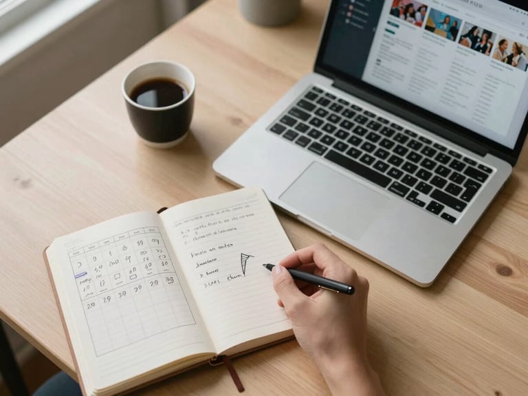 Close overhead view of an open notebook with a hand-drawn content calendar beside a laptop screen showing a social media dashboard, a small espresso cup in the corner, soft natural window light on a pale wood desk, documentary style