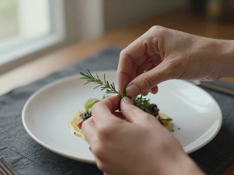Extreme close-up overhead view of hands carefully placing a sprig of fresh herb onto a plated dish on a dark linen surface, soft natural window light from the left, shallow depth of field, warm tones, intimate and precise
