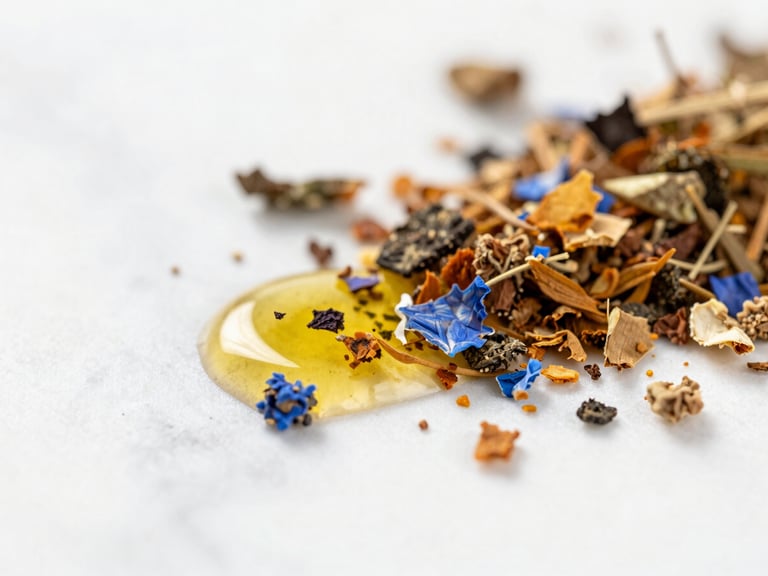 Macro close-up of crushed raw botanicals and dripping golden oil on a white marble surface, bright natural daylight, soft focus.