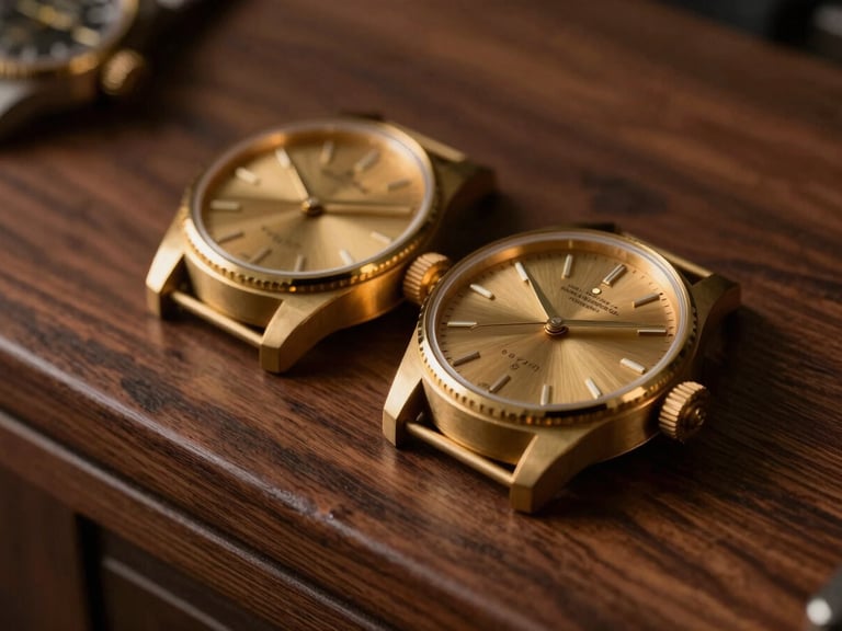 Macro close-up of a premium physical material, brushed brass dials on a heavy dark walnut console, low warm accent lighting, shallow depth of field.