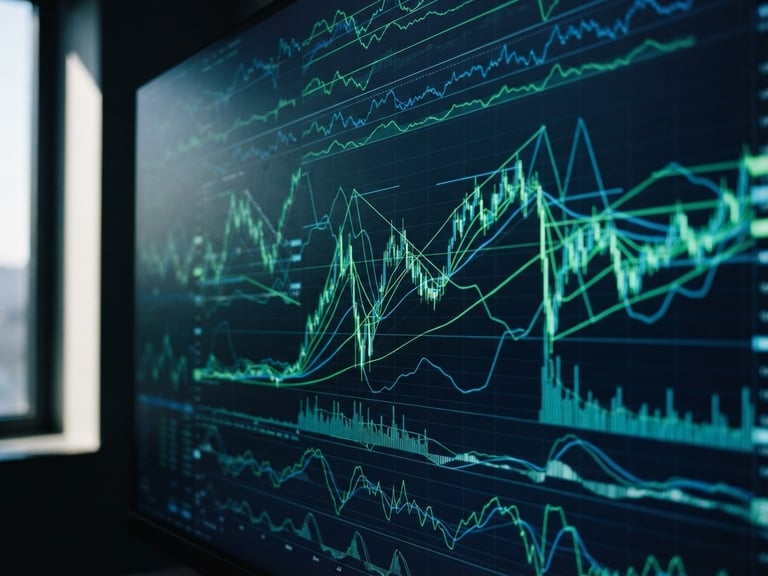 Macro close-up of a high-contrast financial dashboard on a dark screen, glowing green and blue data lines, sharp directional window light, moody corporate office setting, 35mm photography