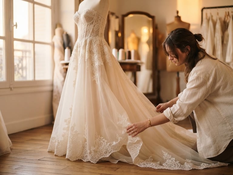 Elegant bridal photography, soft golden-hour window light, warm ivory and champagne tones, a designer adjusting the lace train of a wedding gown on a mannequin, shallow depth of field, 85mm