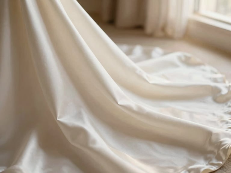 Close-up of a hand running over luxurious ivory satin fabric, emphasizing its luster and smooth texture, soft golden light, shallow depth of field, 85mm
