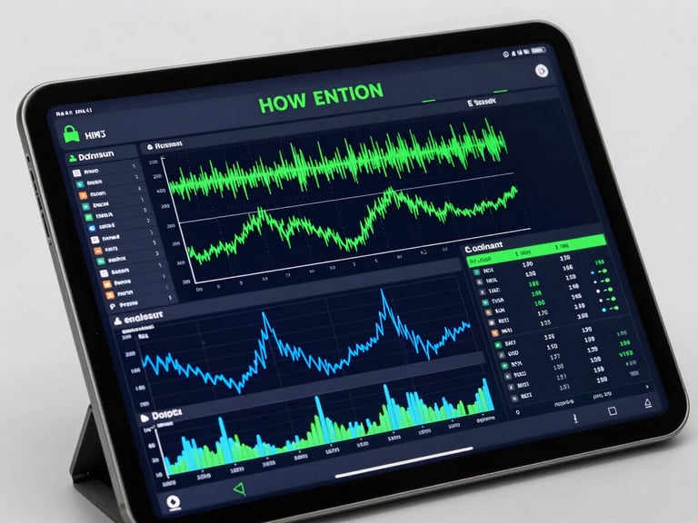 A dark tablet displaying a highly detailed real-time emission tracking dashboard, clean UI with neon green and blue charts, technical sans-serif typography, sharp studio lighting, metallic frame