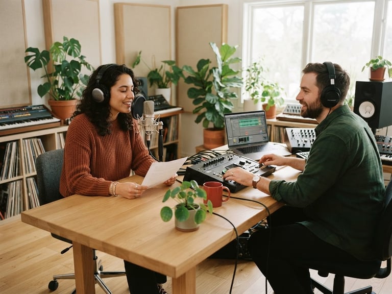 Warm editorial photography of a music producer and artist collaborating in a light-filled Scandinavian style studio with light wood and plants, soft daylight