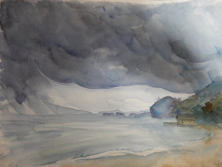 Mousson, aquarelle sur papier 100% coton, 30x40 cm, Sébastien Schoch